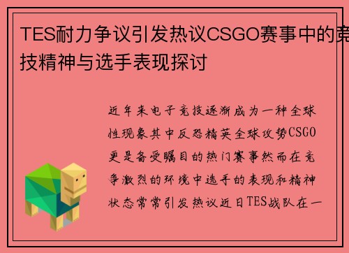 TES耐力争议引发热议CSGO赛事中的竞技精神与选手表现探讨