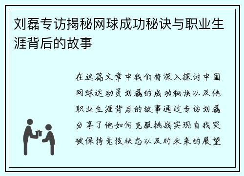 刘磊专访揭秘网球成功秘诀与职业生涯背后的故事