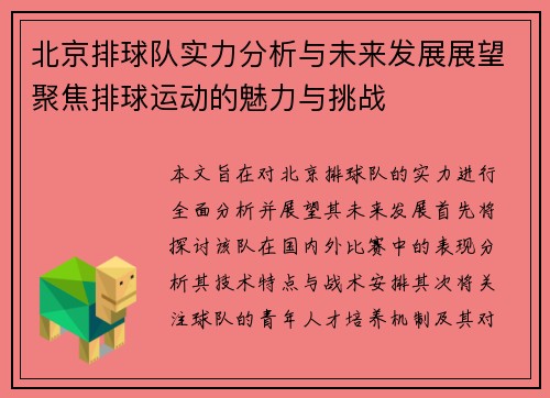 北京排球队实力分析与未来发展展望聚焦排球运动的魅力与挑战